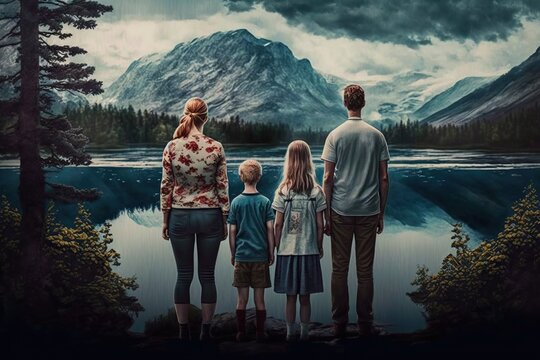 Family standing in front of scenic landscape, concept of Outdoors and Unity, created with Generative AI technology