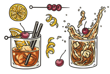 Set of old fashioned cocktails with ice, orange and cherry for design of bar menu. American alcochol cocktails with whisky and bourbon for drink party