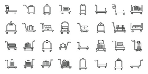 Luggage trolley icons set outline vector. Business bag. Carriage suitcase