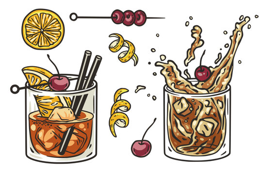 Set of old fashioned cocktails with ice, orange and cherry for design of bar menu. American alcochol cocktails with whisky and bourbon for drink party
