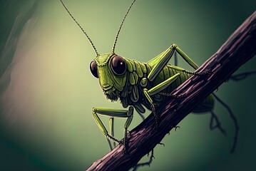Close-up of a grasshopper perched on a branch, vertical Generative AI - obrazy, fototapety, plakaty
