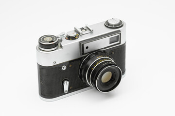 Fototapeta premium Old vintage film camera isolated on white backgorund. 