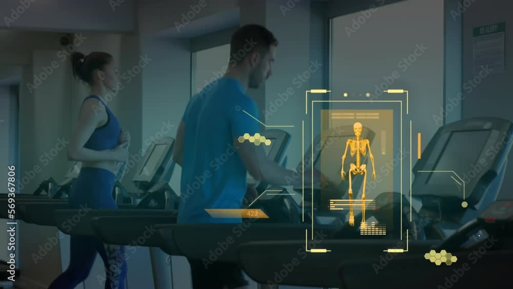 Poster animation of data processing over caucasian people running on treadmill exercising in gym