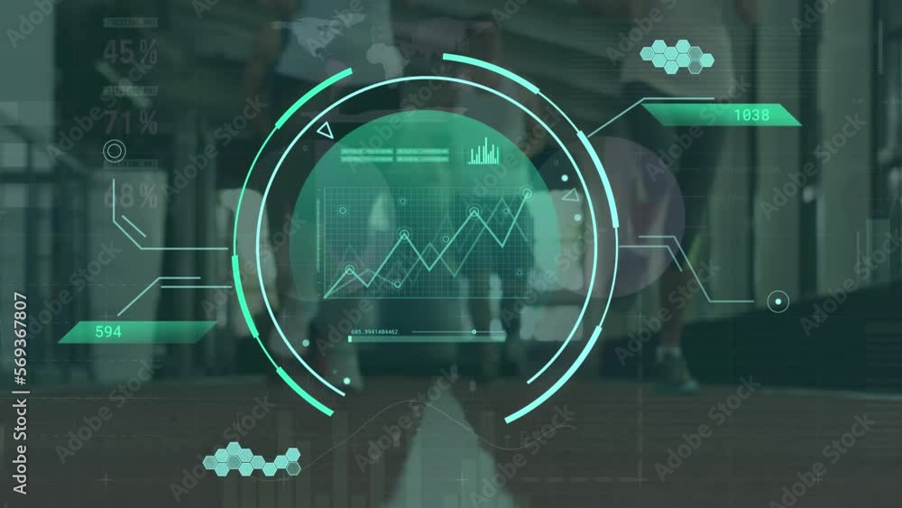 Poster animation of data processing over diverse people running on treadmill exercising in gym