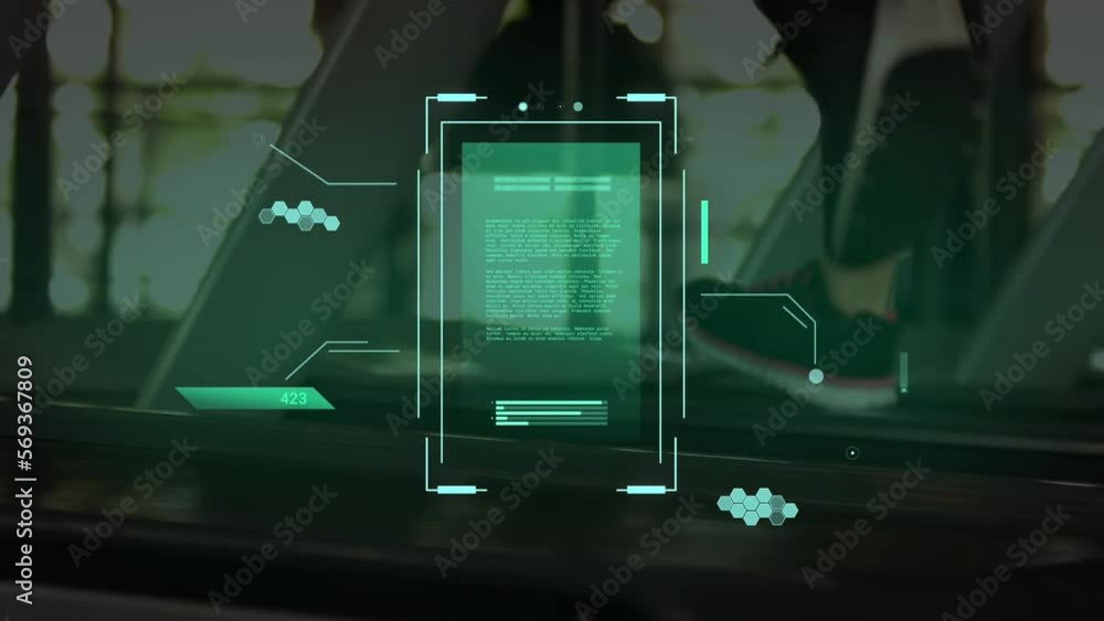 Poster animation of data processing over caucasian people running on treadmill exercising in gym
