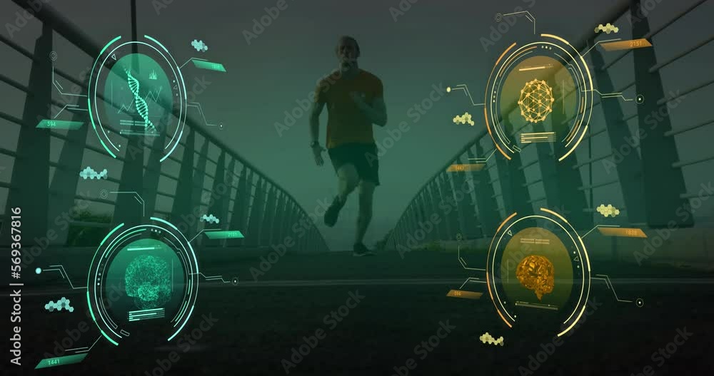 Poster animation of data processing over caucasian man running