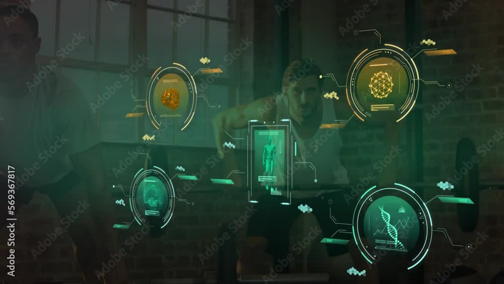 Poster animation of data processing over diverse men lifting weights, exercising in gym