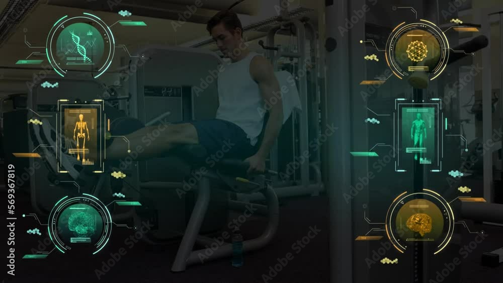 Poster animation of data processing over caucasian man exercising in gym