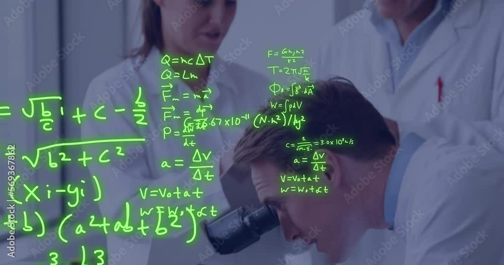 Poster animation of scientific data processing over caucasian scientists in laboratory