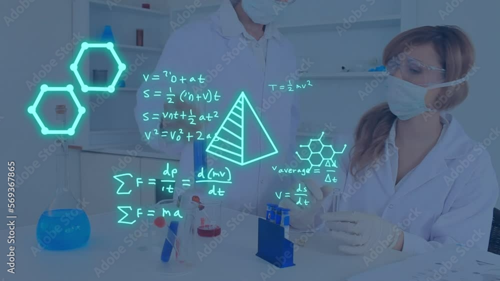 Poster animation of scientific data processing over caucasian scientists in laboratory