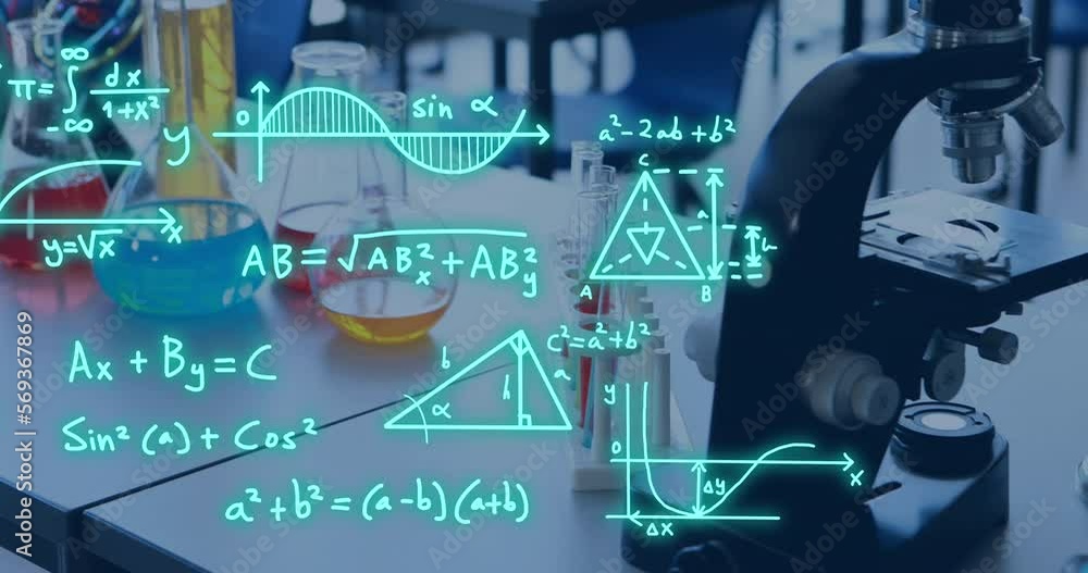 Poster animation of scientific data processing over beakers and test tubes in laboratory