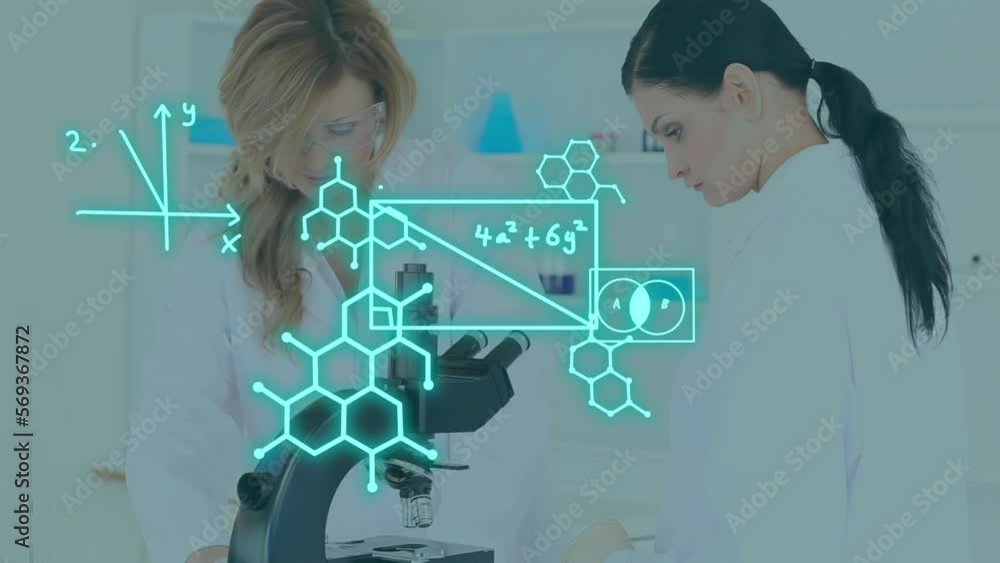 Poster animation of scientific data processing over caucasian scientists in laboratory
