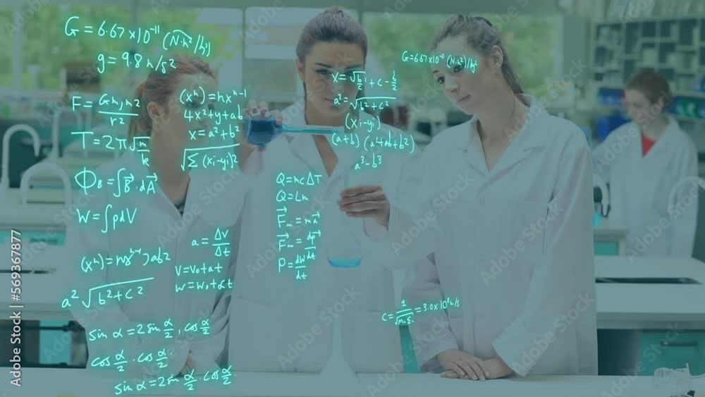 Aufkleber animation of scientific data processing over caucasian scientists in laboratory