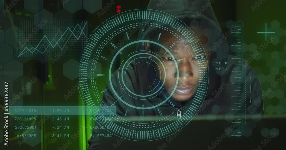 Poster animation of data processing over african american male hacker in server room