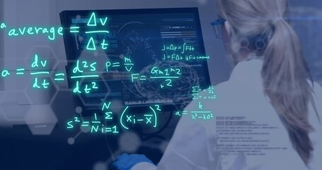 Animation of scientific data processing over caucasian female scientist in laboratory