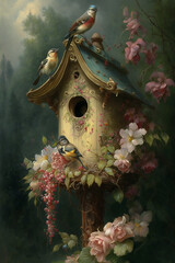 Intricate Victorian Style Birdhouse Illustration with Birds and Flowers