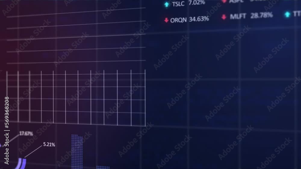 Poster animation of statistical and stock market data processing over grid network against blue background