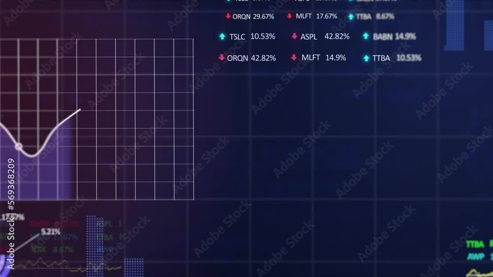 Poster animation of statistical and stock market data processing over grid network against blue background