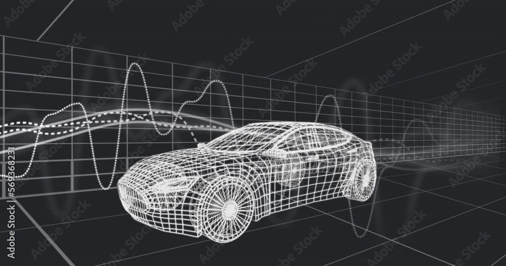 Poster animation of graphs over 3d car model moving seamless pattern in a tunnel on black background