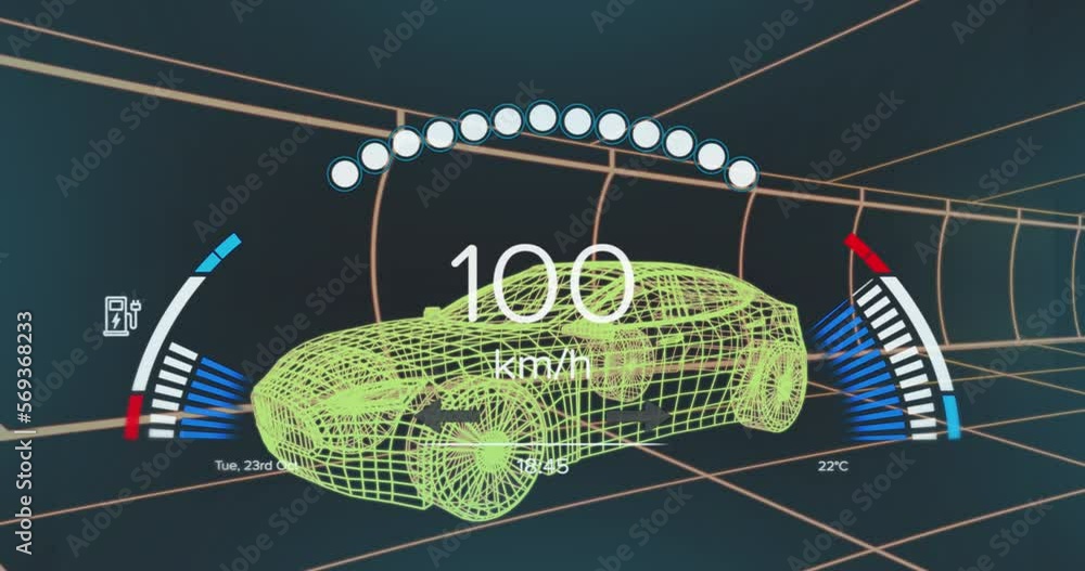 Poster animation of speedometer over 3d car model moving seamless pattern in a tunnel on black background
