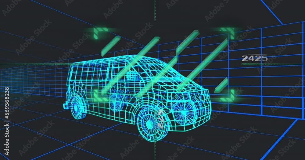 Aufkleber animation of green scanner over 3d van model moving seamless pattern in a tunnel on black background