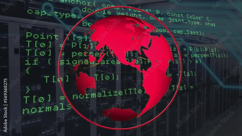 Poster animation of spinning globe and data processing against mosaic squares over computer server room