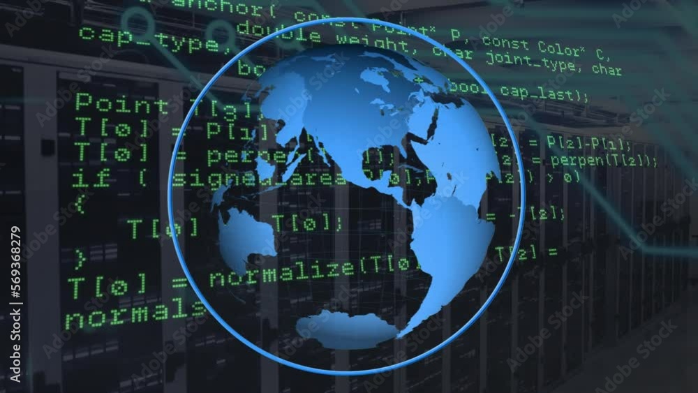 Poster animation of spinning globe and data processing against mosaic squares over computer server room