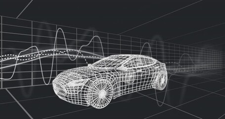 Animation of graphs over 3d car model moving seamless pattern in a tunnel on black background - Powered by Adobe