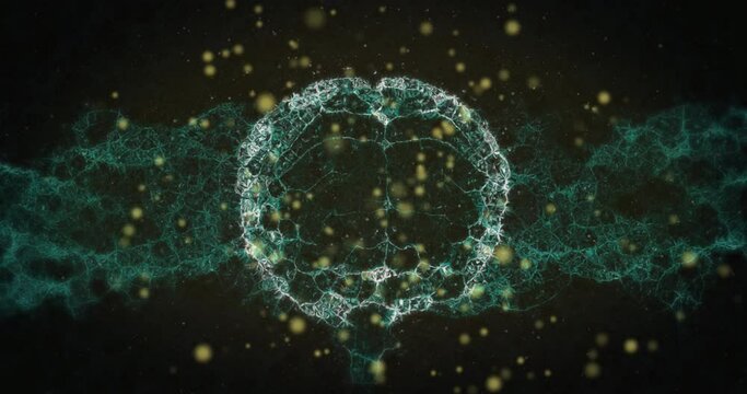 Animation of yellow spots floating over human brain spinning and digital wave on black background
