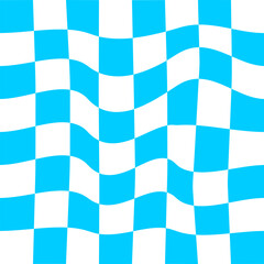 Distorted blue and white chessboard background. Chechered visual illusion. Psychedelic pattern with warped squares. Dizzy checkerboard texture