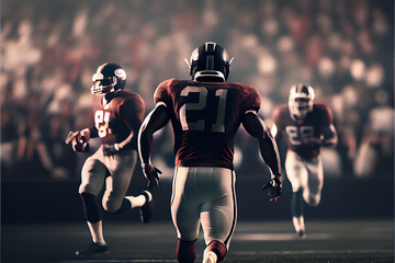 American football player running fast towards goal line. Sportsman in action. Sports emotions. american football game with out of focus players in the background. High quality Ai generated