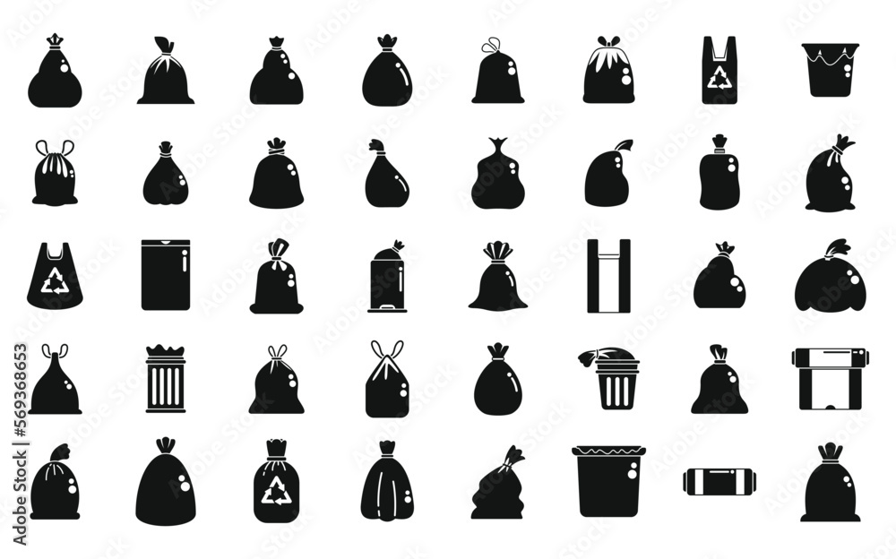 Poster bag for trash icons set simple vector. food garbage. dirty dustbin