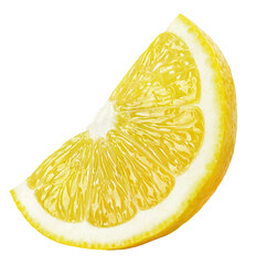 Ripe wedge of yellow lemon citrus fruit stand isolated on transparent background - 569368615