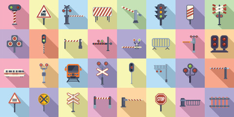 Railway crossing icons set flat vector. Signal alert. Gate rail