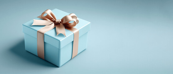Blue gift box with bronze ribbon bow on blue background.  Illustration AI