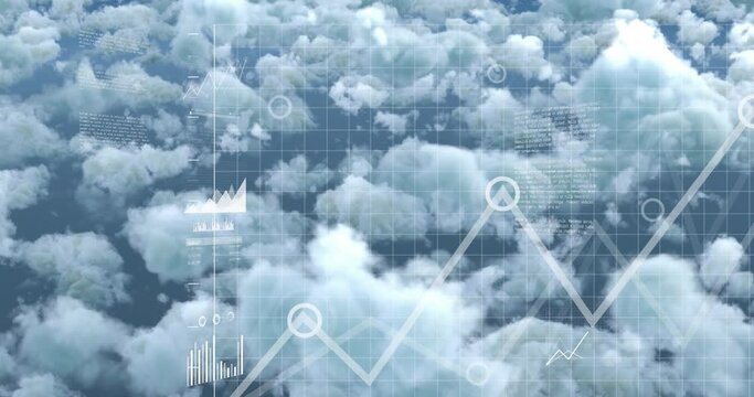 Animation of statistical data processing against clouds in blue sky