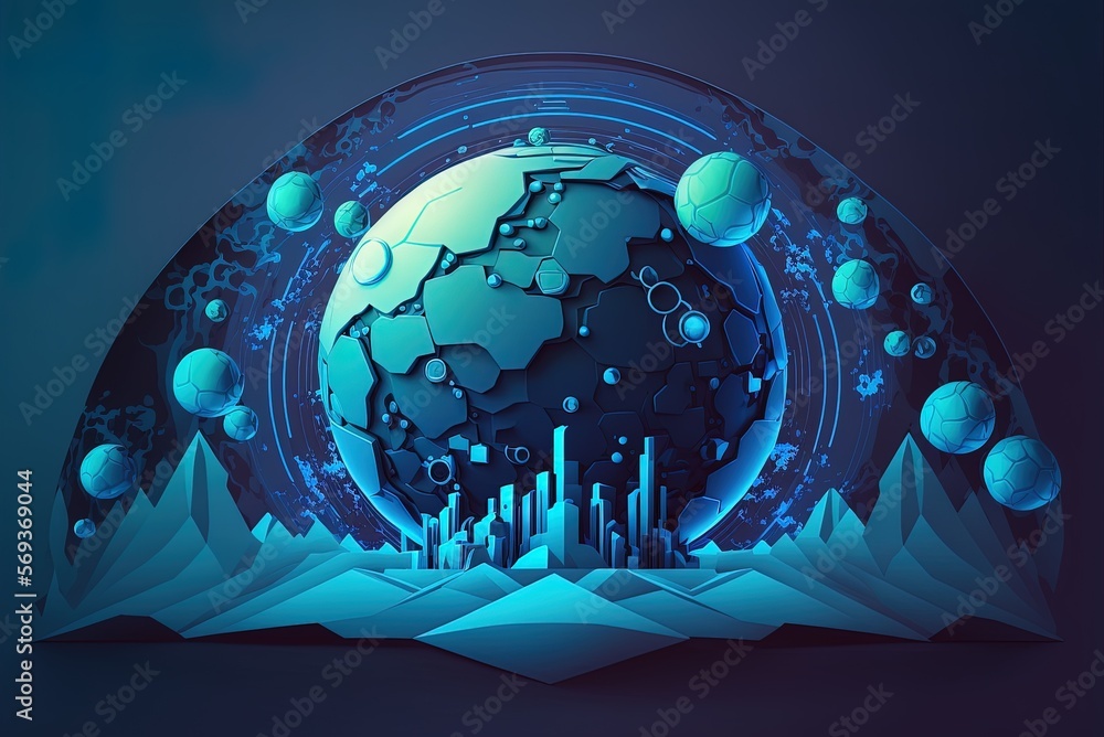 Poster aerial view of earth superimposed on an abstract backdrop representation of future technologies gene