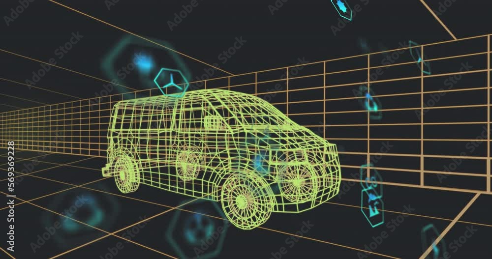 Poster animation of multiple digital icons over 3d van model moving in seamless pattern in a tunnel