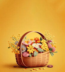Fototapeta na wymiar Beautiful wooden basket full of colorful spring flowers. Spring background with copy space. Illustration AI