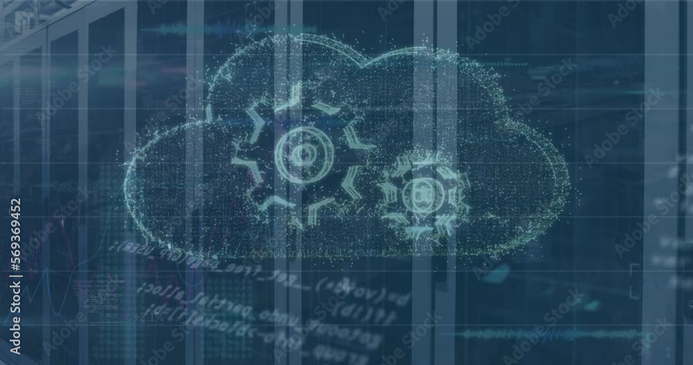 Aufkleber animation of data processing and cloud with cogs over server room