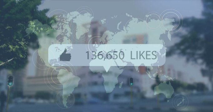 Animation of like icon with increasing numbers over world map against time-lapse of city traffic