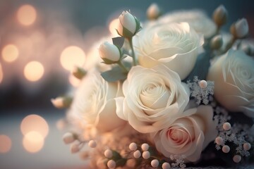 Romantic bouquet of roses. Fantasy rose, light blurred bokeh. 