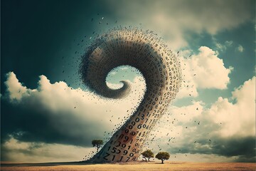 Tornado question mark made of numbers as an idea for scientific computing, weather forecasting and education created with Generative AI technology