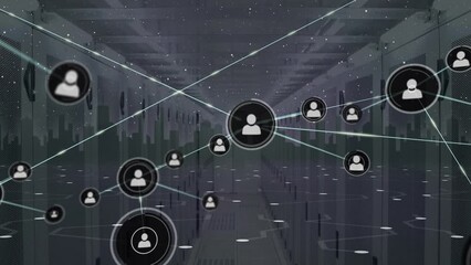 Animation of connected icons, glowing circles moving on lines, digital cityscape over server room - Powered by Adobe
