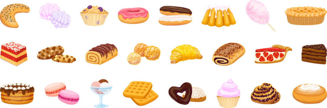 Confectionery icons set cartoon vector. Sweet-shop cake. Bakery food