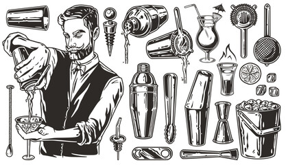 Bartending set with barmen, cocktail shaker, muddler and jigger for design of bar menu. Chromed metal cocktail bar tools for bartender or barkeepr.