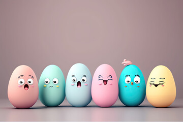 Easter eggs with funny faces on a pink background, generative ai illustration with copy space, cartoon style