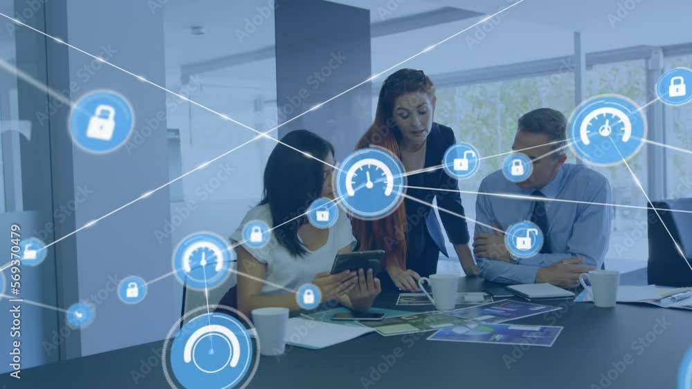 Poster animation of icons connected with lines over multiracial coworkers discussing reports in office