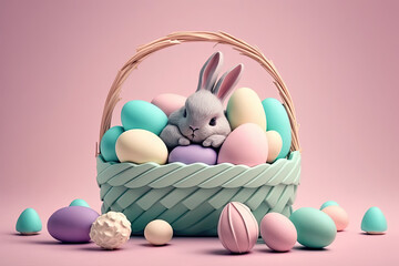 easter bunny with easter eggs in a basket, generative ai illustration on a soft pink orange background