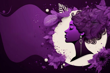 international women's day, 8 march, purple banner with 8m womens day vector illustration style concept template for woman's day with place for text or copy sapce, afro woman profile